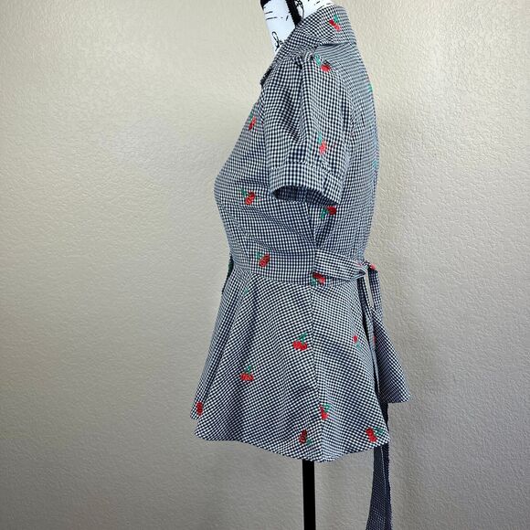 Hemet Gingham and Cherries Peplum Top size S pin up doll barbie Grease pink lady - Picture 6 of 16